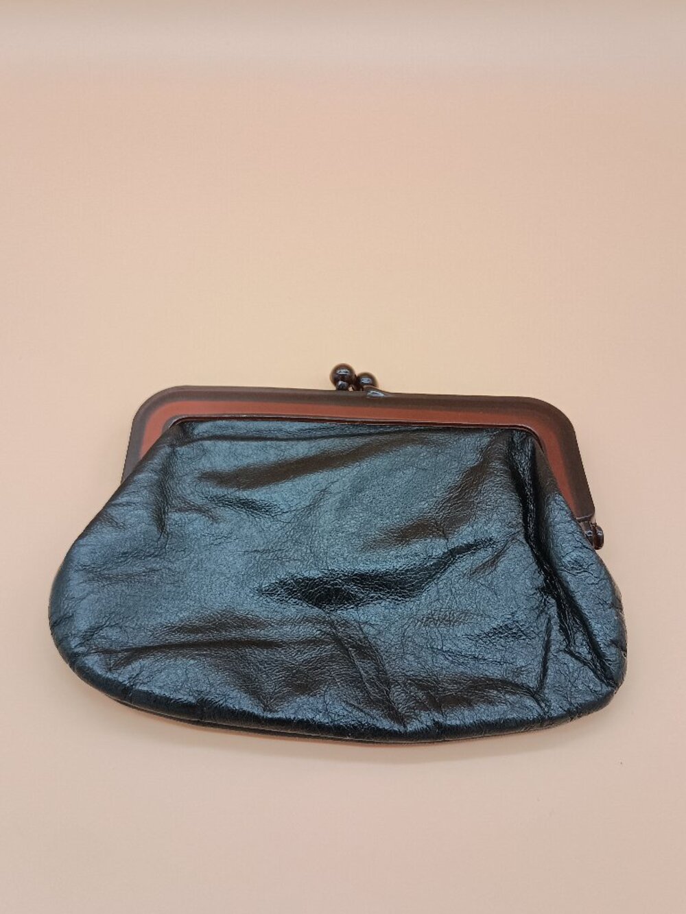 Vintage 70s/80s Black Clutch Purse w/ Brown Plastic Clasp Eel Leather/Faux Eel
